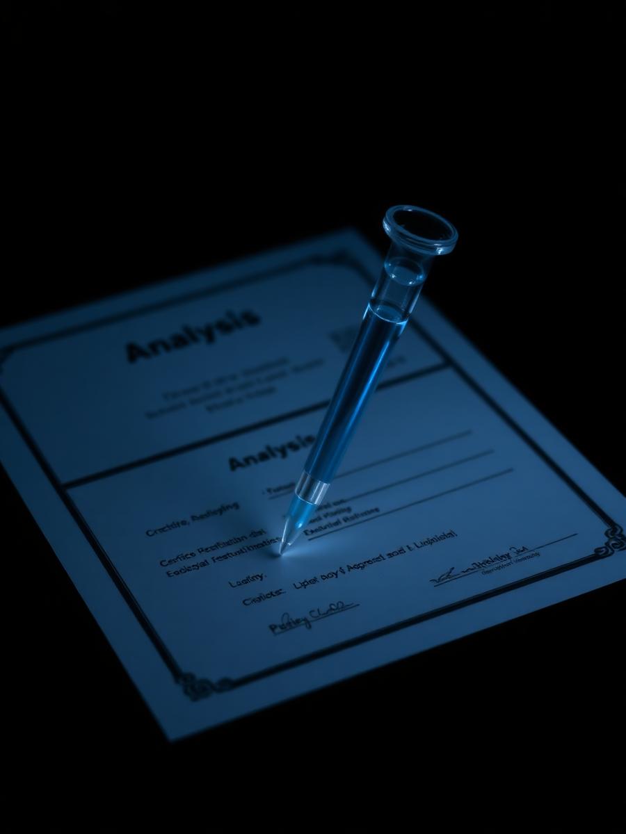 Analyscertifikat och pipett i labbljus